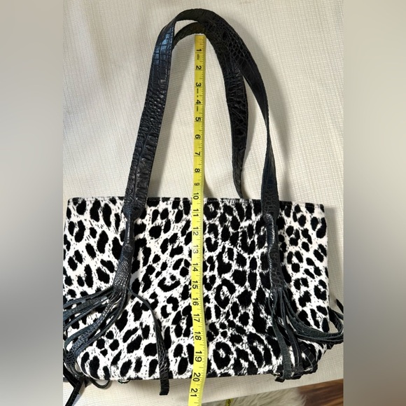 Raviani Black and White Leopard Print Bag with Black Fringe Tassels - Picture 9 of 9